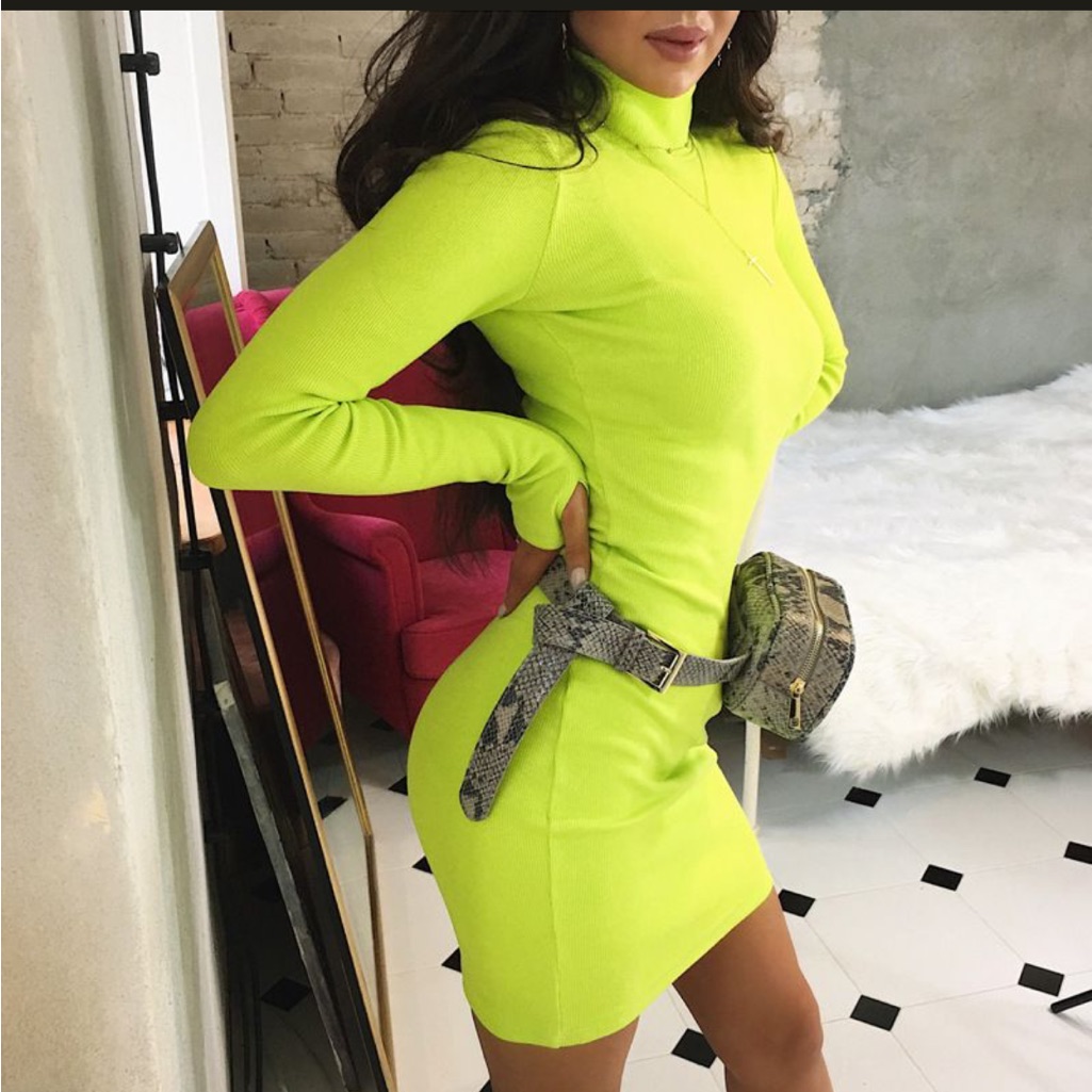 Jurllyshe Sexy Neon Yellow Bodycon Slim High Neck Running Sport Dress Si